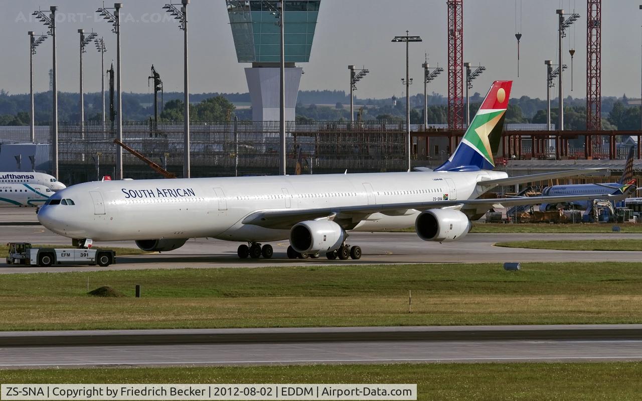 ZS-SNA, 2002 Airbus A340-642 C/N 410, pushed back from the gate