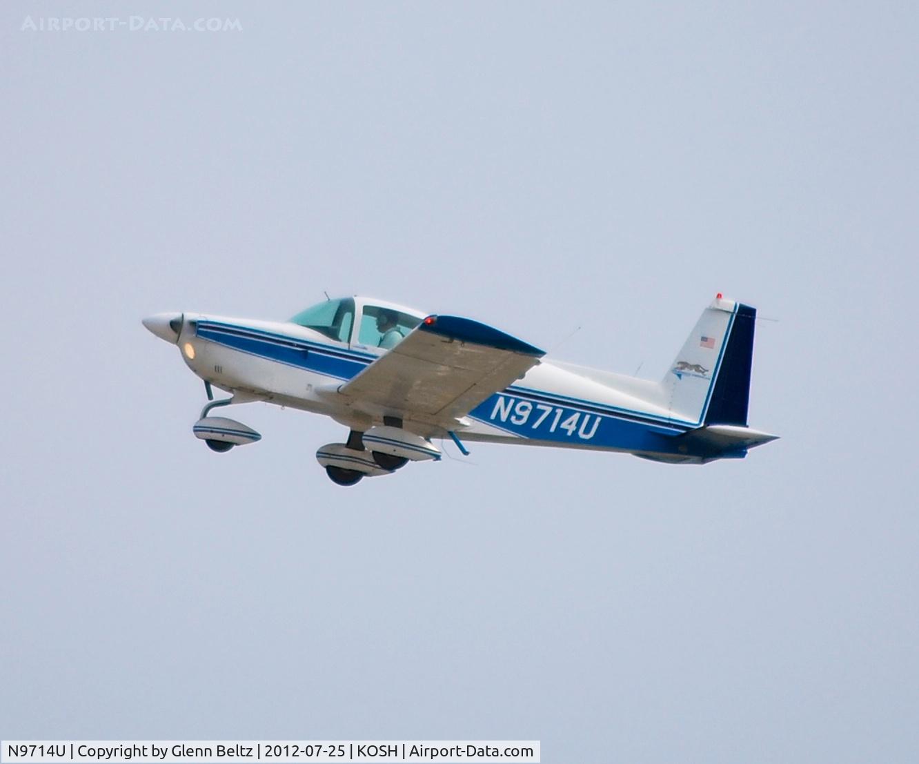N9714U, 1976 Grumman American AA-5A Cheetah C/N AA5A-0114, Departing EAA Airventure/Oshkosh on 25 July 2012.