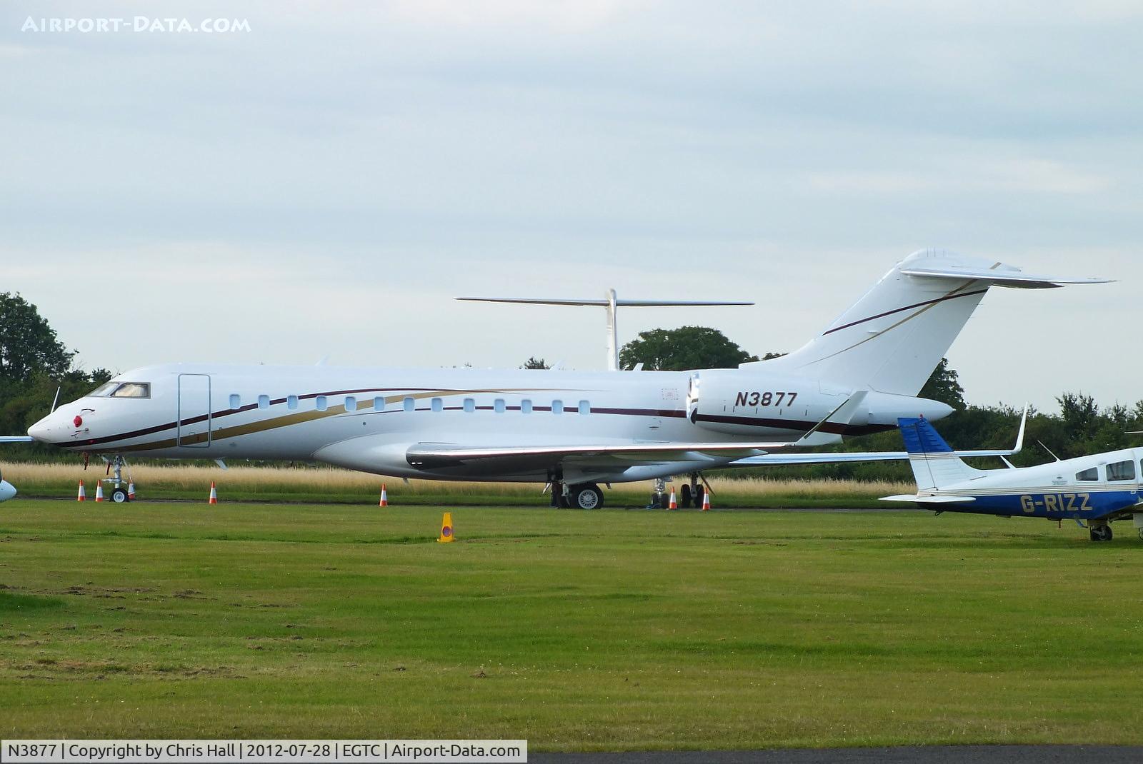 N3877, 2008 Bombardier BD-700-1A10 Global Express C/N 9304, one of several bizjets parked at Cranfield with visitors for the opening of the London 2012 Olympic games