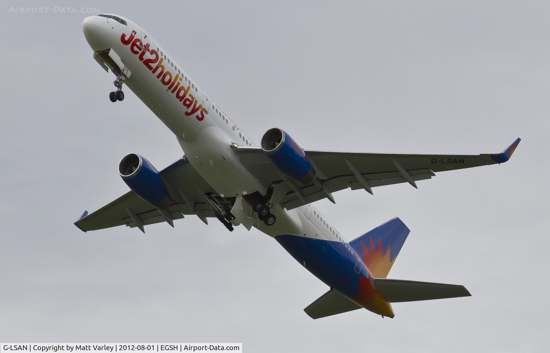 G-LSAN, 1994 Boeing 757-2K2 C/N 26635, Climbing away from EGSH.