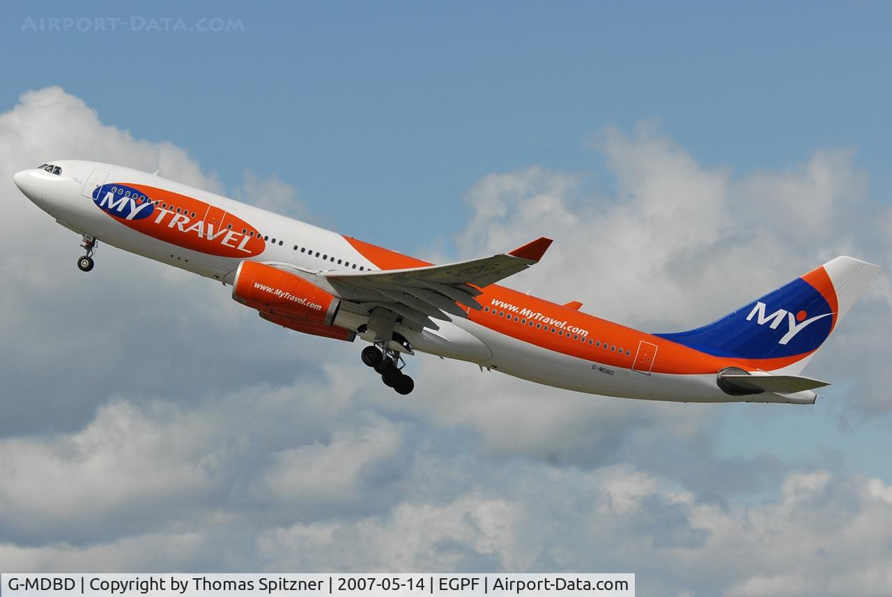 G-MDBD, 1999 Airbus A330-243 C/N 266, Powerful climb flight after departing from GLA