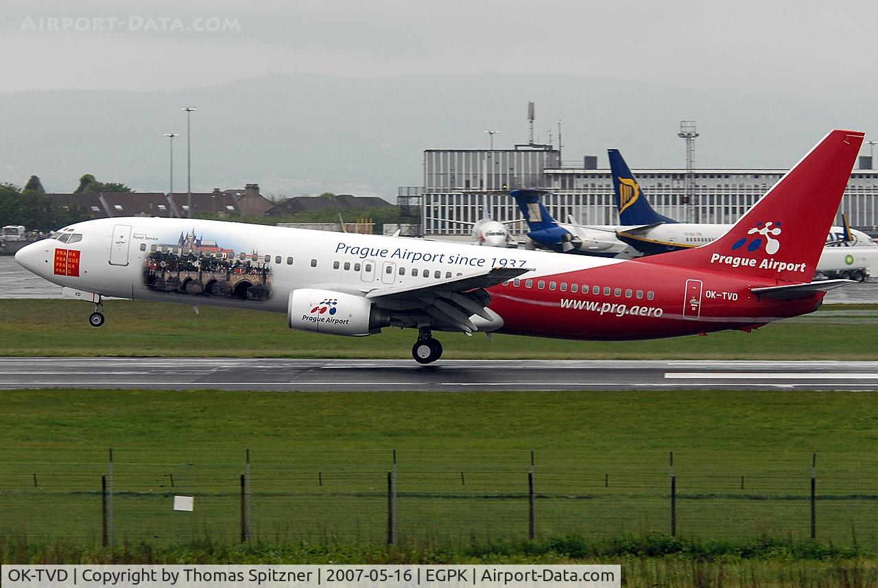 OK-TVD, 1999 Boeing 737-86N C/N 28595, Arrival at PIK with soccer cup final supporters on board. Special Prague airport c/s. Unfortunately it was raining cats and dogs at PIK this day..... :-(