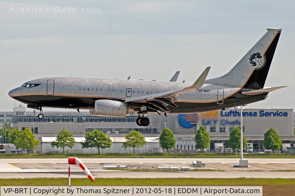 VP-BRT, 2001 Boeing 737-7BC C/N 32970, VP-BRT short finals Rwy08L. Great c/s!