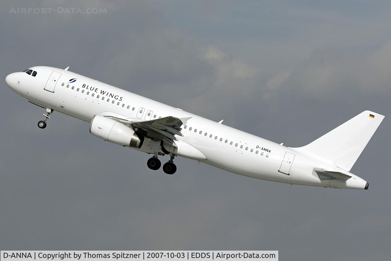 D-ANNA, 1996 Airbus A320-233 C/N 916, Blue Wings' D-ANNA in all white c/s performing a powerful climb flight after t/o at STR