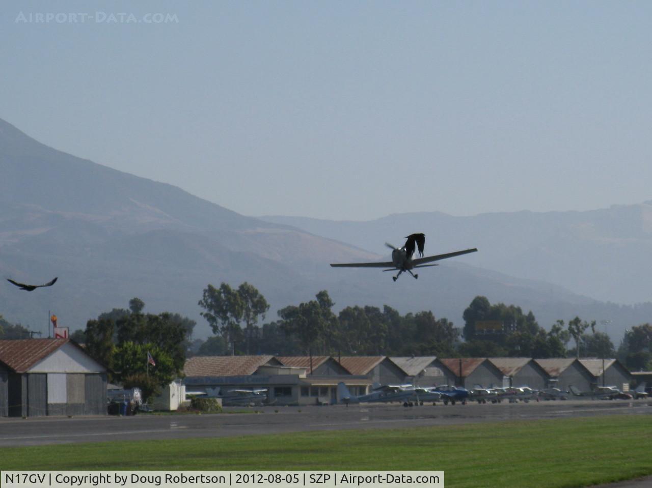 N17GV, Questair Venture C/N 9, 2011 Mercer Questair VENTURE SPIRIT, Continental IO-550 300 Hp, conversion to retractable gear version by Aviation F/X, fast takeoff climb Rwy 22 with birds scared up from 22L grass-no mid-air collision!