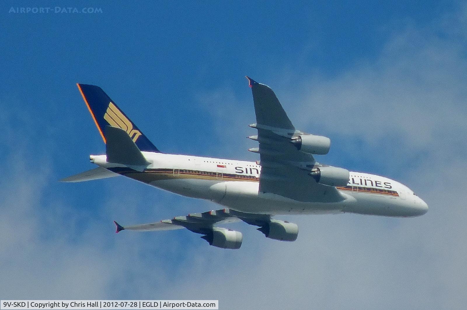 9V-SKD, 2008 Airbus A380-841 C/N 008, seen over Denham airfield departing from Heathrow