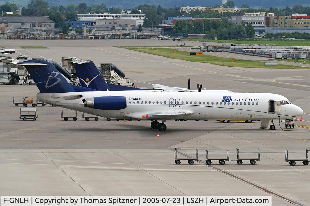 F-GNLH, 1991 Fokker 100 (F-28-0100) C/N 11311, Blue Line F-GNLH awaiting it's next departure from ZRH. Blue Line ceized operations in 2010-10-06 and announced insolvency.