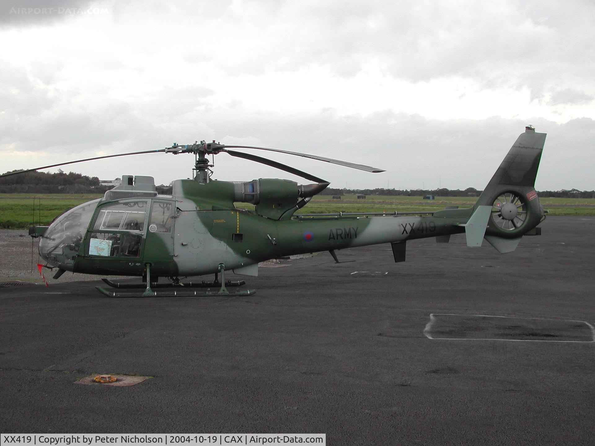 XX419, 1975 Westland SA-341B Gazelle AH1 C/N 1381, Gazelle AH.1, callsign Scorpion 1, of 656 Squadron Army Air Corps seen at Carlisle in October 2004.