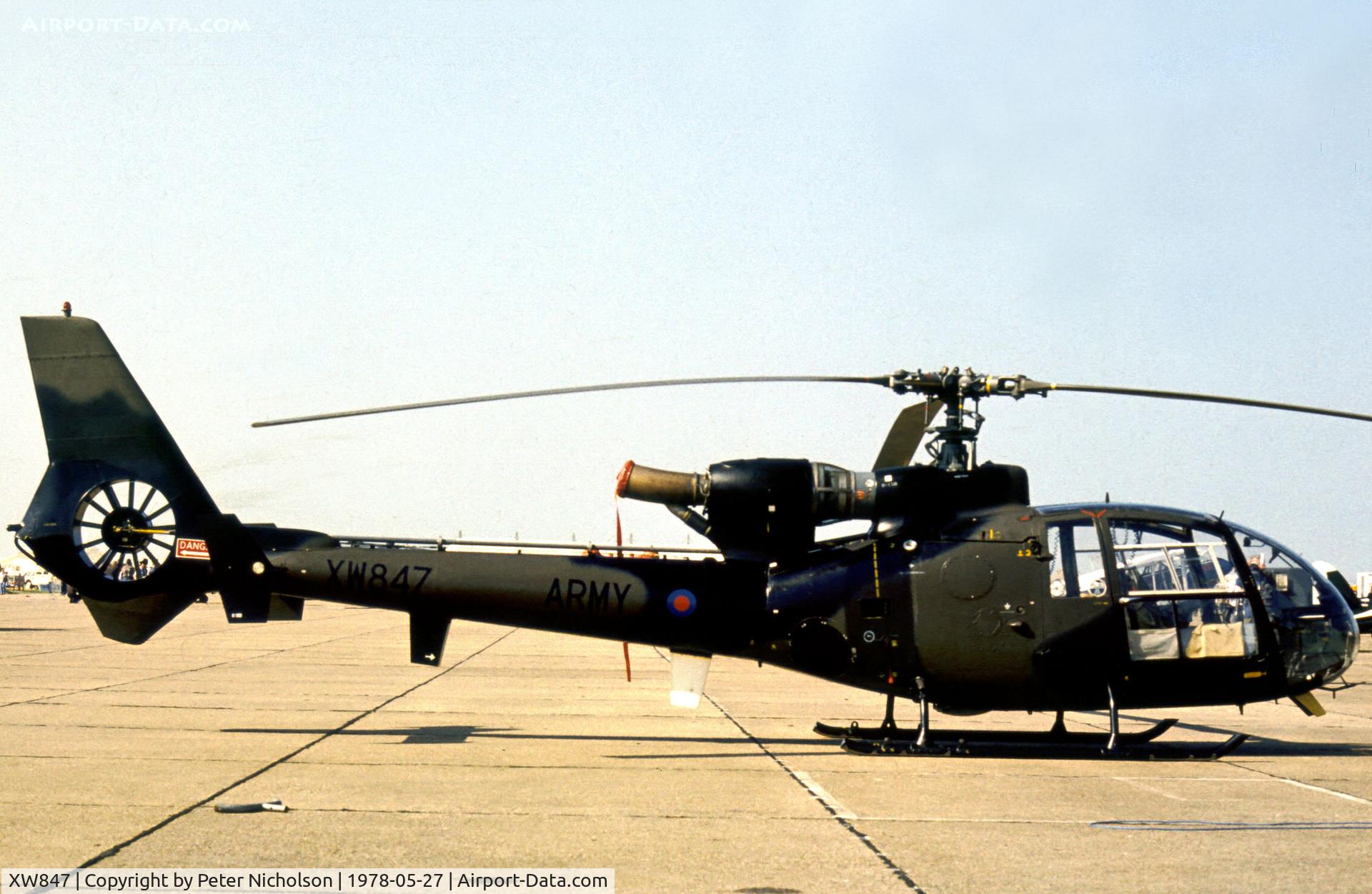 XW847, 1972 Westland SA-341B Gazelle AH1 C/N WA1011, Gazelle AH.1 of the Army Air Corps Development & Training Squadron on display at the 1978 Bassingbourn Airshow.