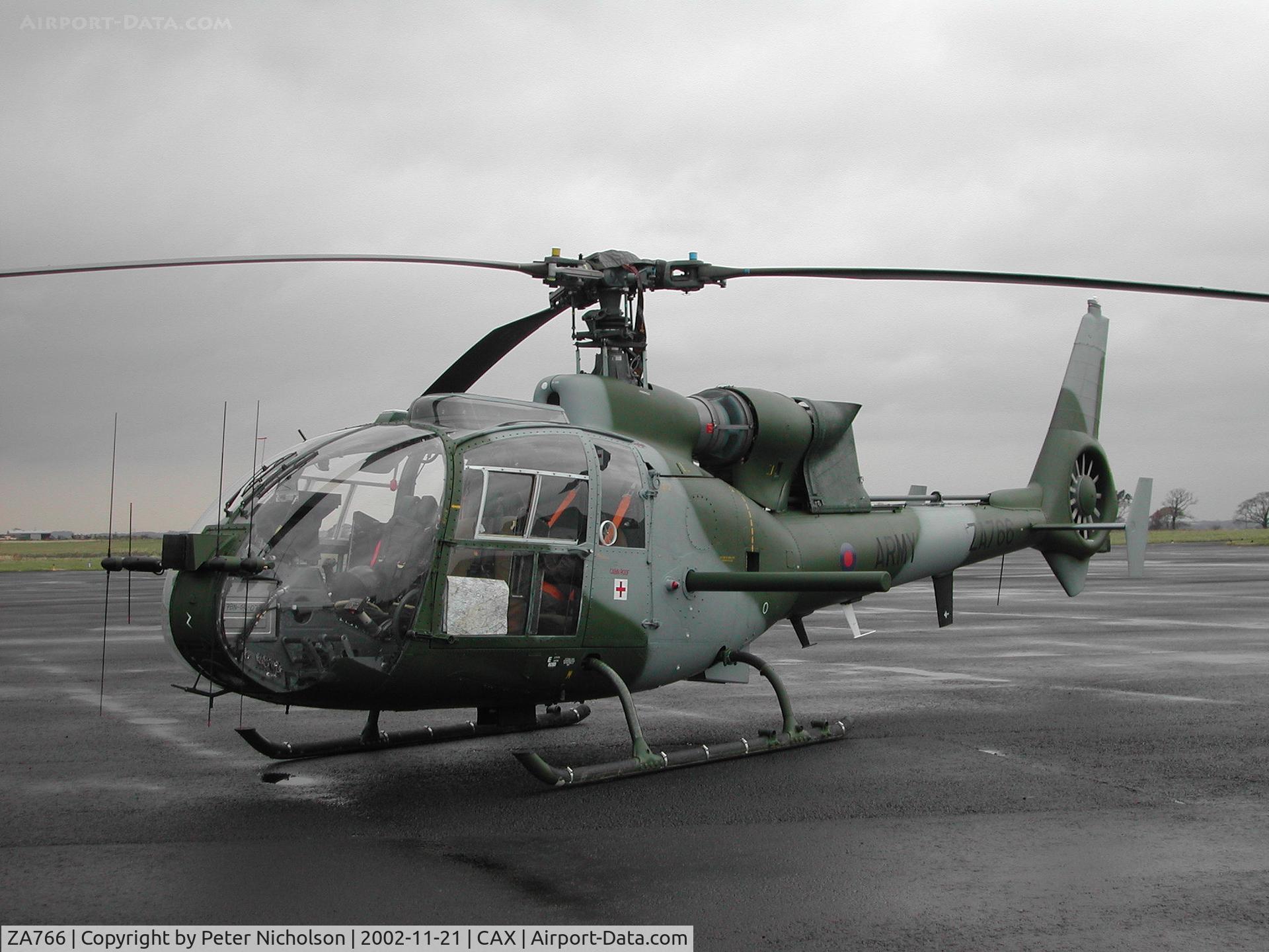ZA766, 1980 Westland SA-341B Gazelle AH1 C/N WA1808, Gazelle AH.1, callsign Army Air 410, of 665 Squadron visiting Carlisle in November 2002.