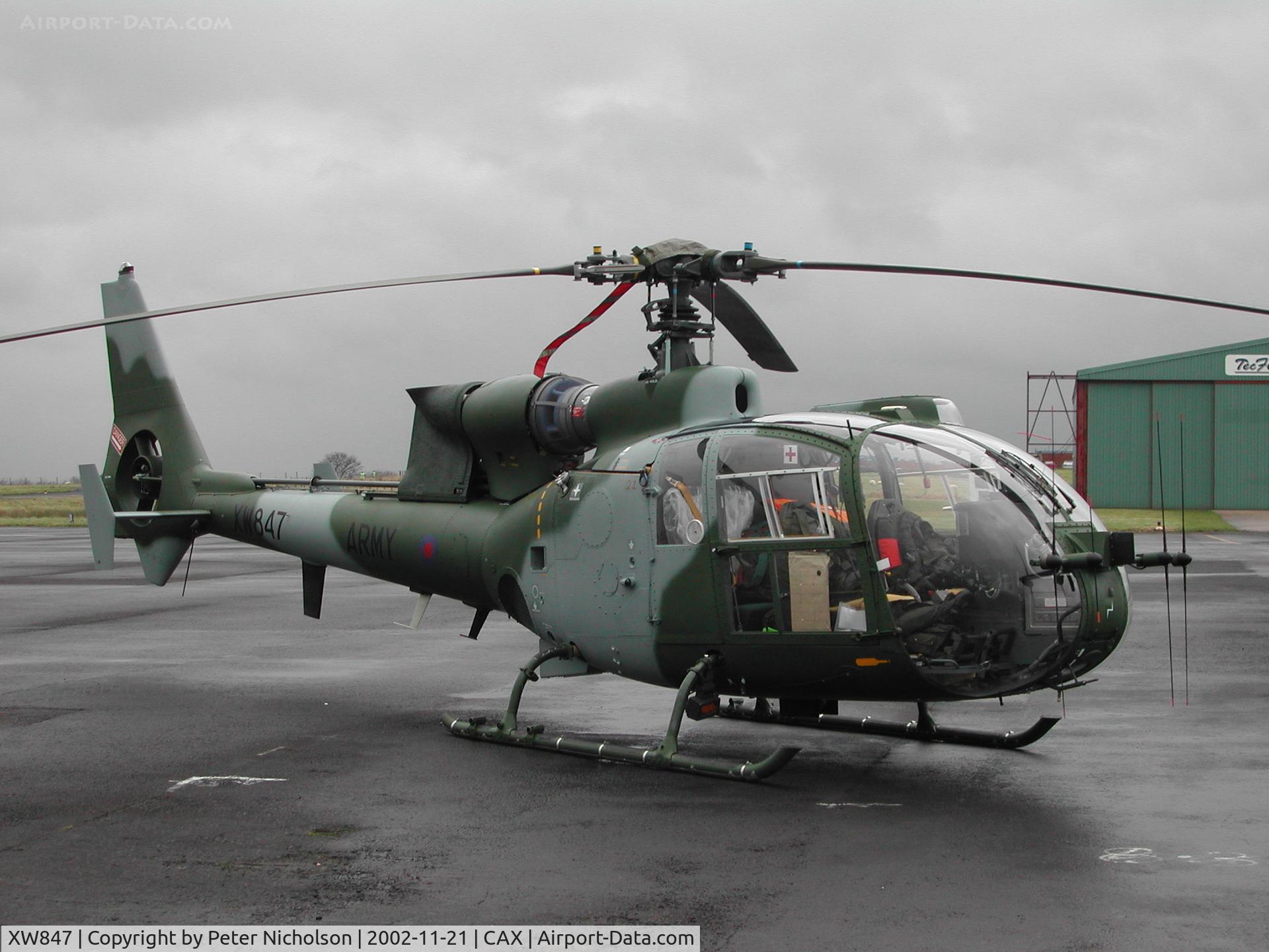 XW847, 1972 Westland SA-341B Gazelle AH1 C/N WA1011, Gazelle AH.1, callsign Army Air 410, of 665 Squadron visiting Carlisle in November 2002.