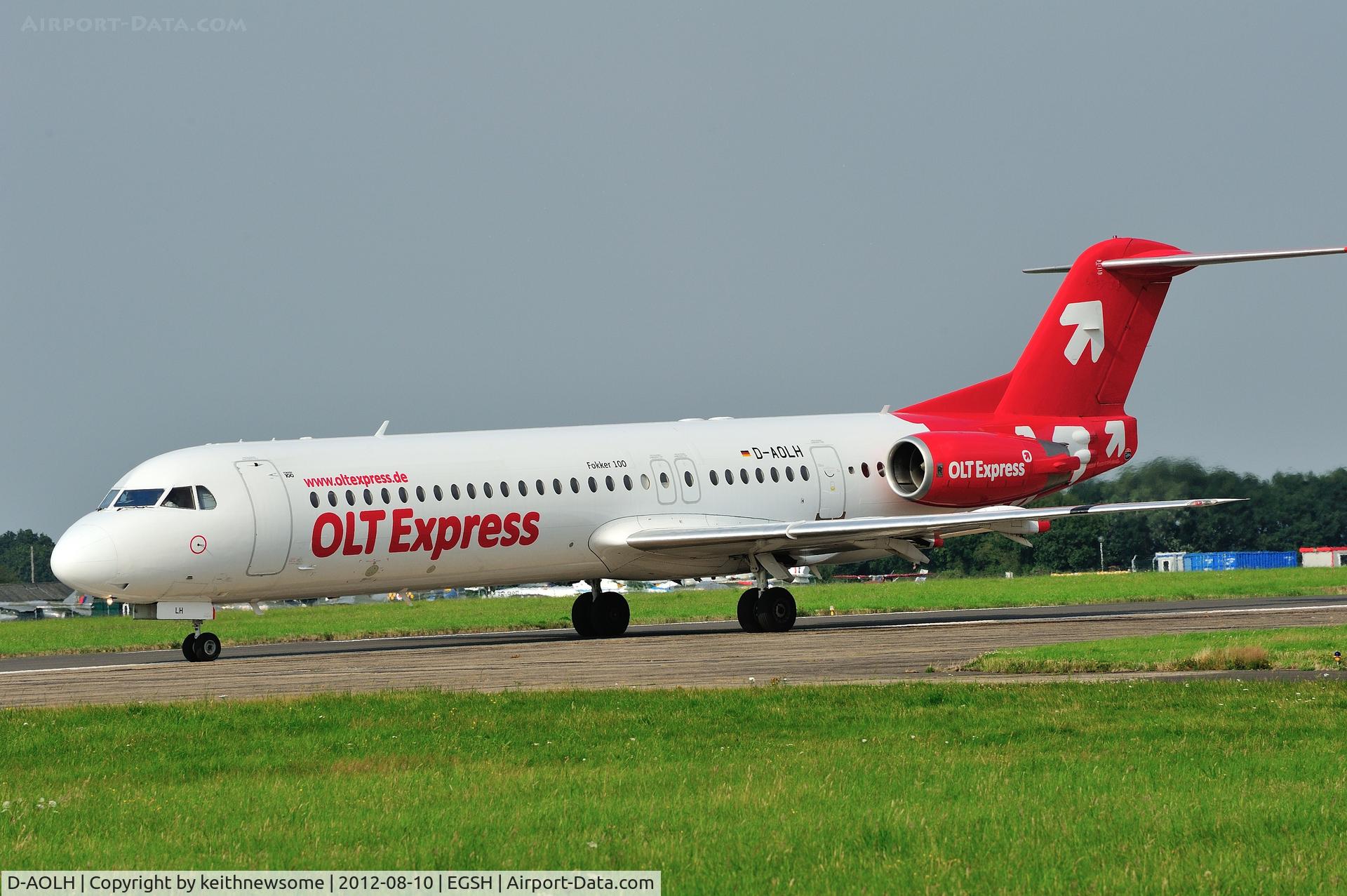 D-AOLH, 1989 Fokker 100 (F-28-0100) C/N 11265, Leaving Norwich having delivered a German football team !
