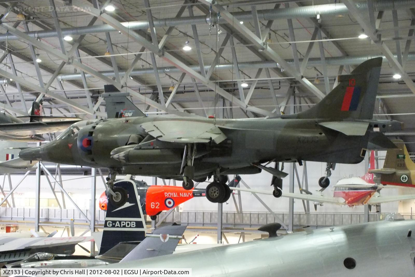 XZ133, 1976 Hawker Siddeley Harrier GR.3 C/N 712192, former Falklands war veretan suspended from the ceiling in the AirSpace hanger, IWM Duxford