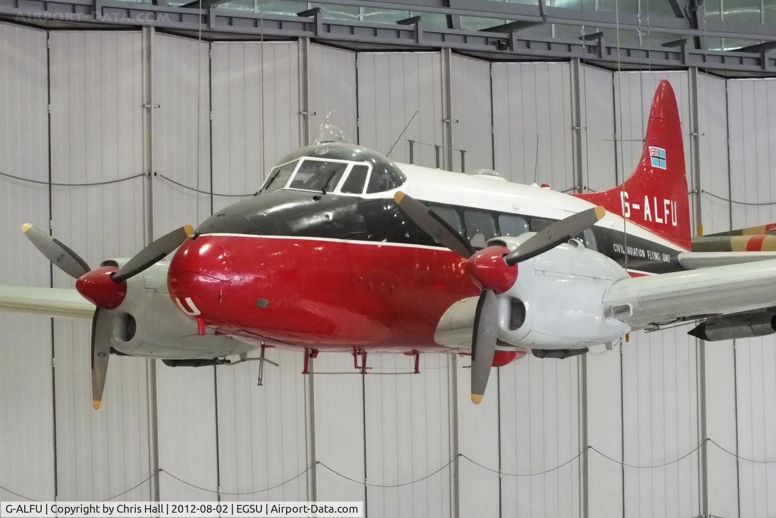 G-ALFU, 1949 De Havilland DH-104 Dove 6 C/N 04234, Former Civil Aviation Flying Unit (CAFU) Dove displayed inside the AirSpace hangar, Duxford