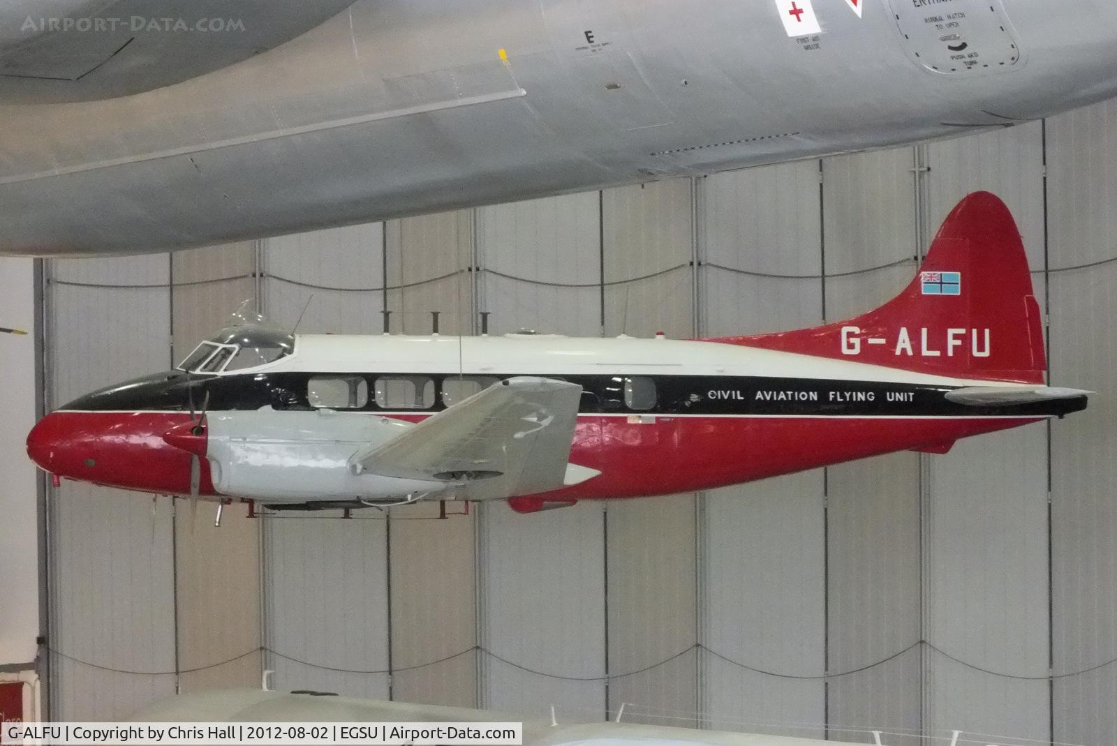 G-ALFU, 1949 De Havilland DH-104 Dove 6 C/N 04234, Former Civil Aviation Flying Unit (CAFU) Dove displayed inside the AirSpace hangar, Duxford