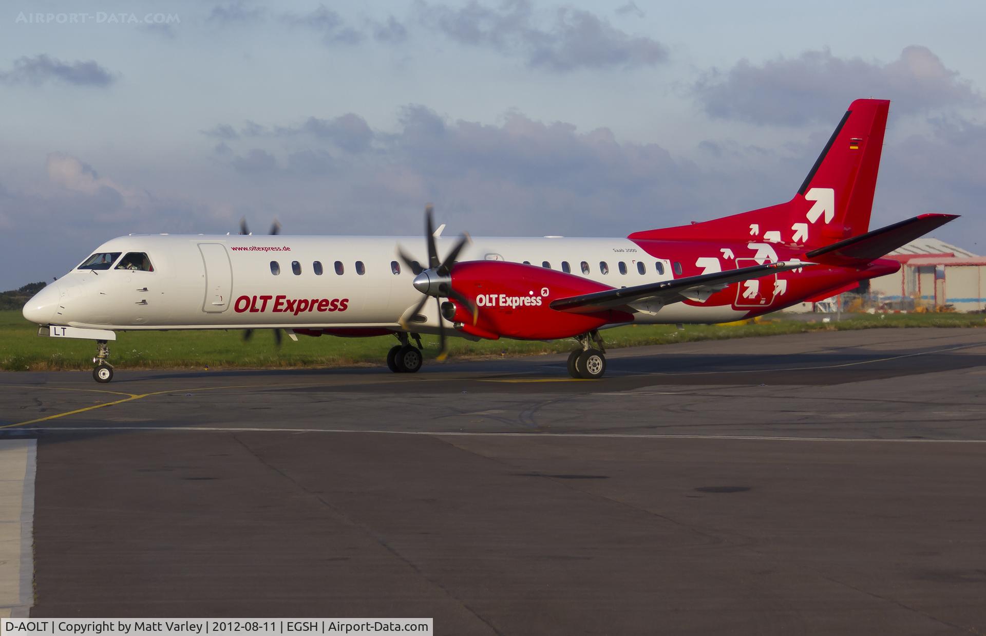 D-AOLT, 1996 Saab 2000 C/N 2000-037, Departing EGSH in the evening sun.