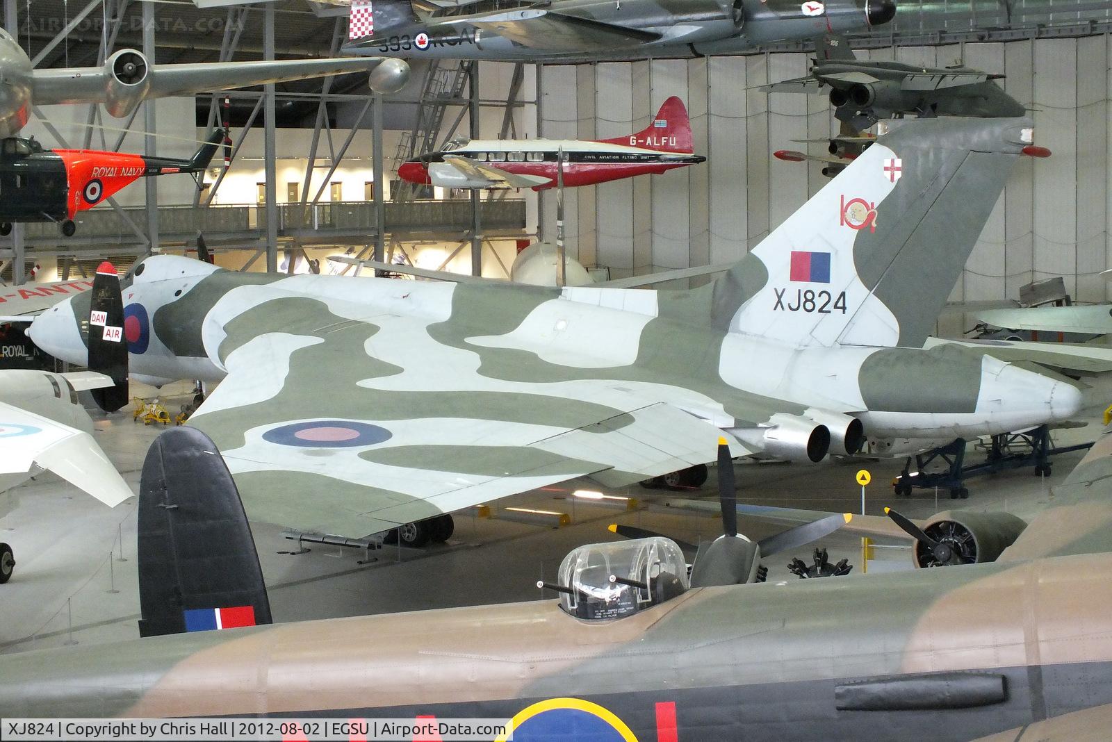 XJ824, 1961 Avro Vulcan B.2A C/N Set 24, Served with 27 Sqn, 9 Sqn, 230 OCU, 44 (Rhodesia) Sqn and 101 Sqn. Flown to RAF Duxford in March 1982 and displayed inside the AirSpace hangar