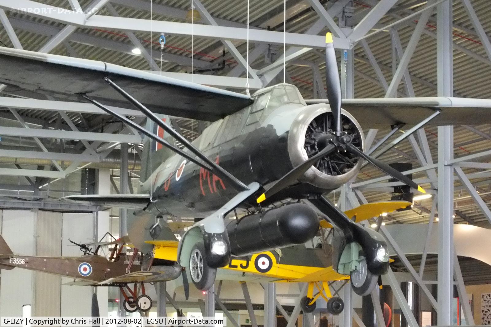 G-LIZY, 1940 Westland Lysander IIIA C/N 504/39, displayed inside the AirSpace hangar, Duxford