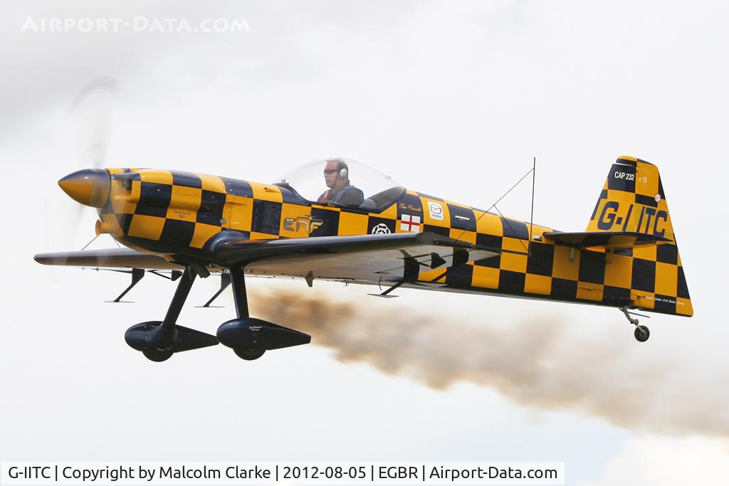 G-IITC, 1998 Cap Aviation CAP-232 C/N 15, Tom Cassells immaculate Mudry CAP-232 departs streaming smoke at The Real Aeroplane Club's Summer Madness Fly-In, Breighton Airfield, August 2012.