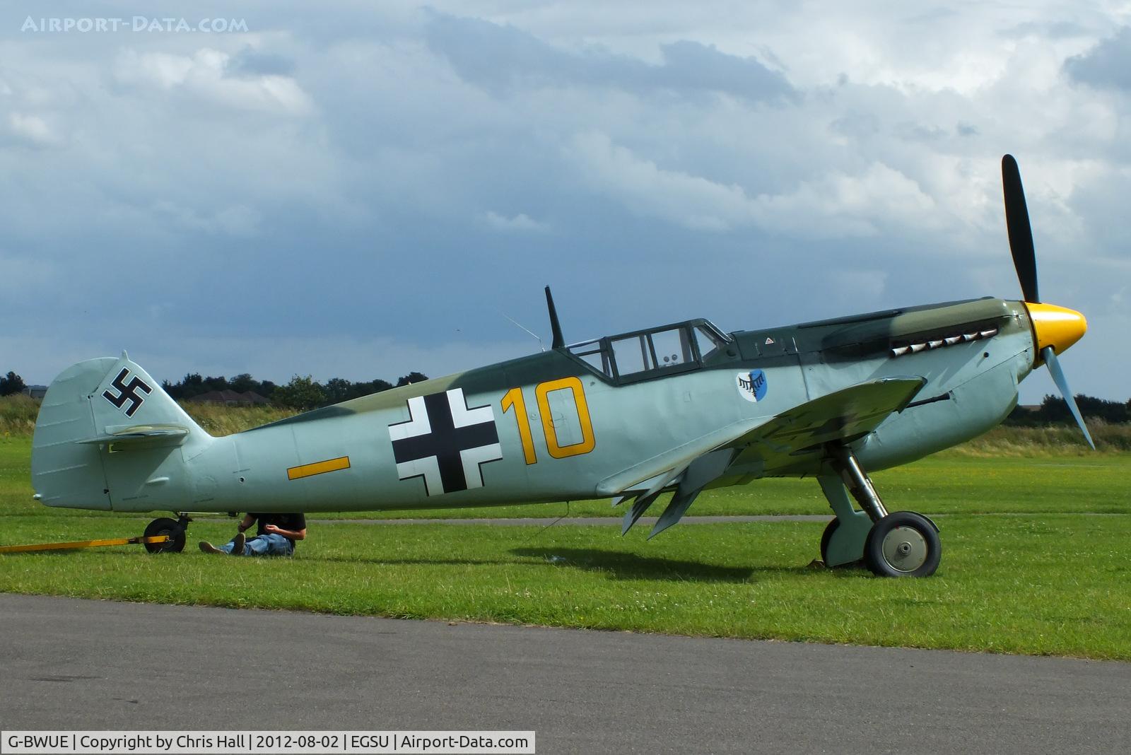 G-BWUE, 1949 Hispano HA-1112-M1L Buchon C/N 172, The Buchon is essentially a Rolls-Royce Merlin-engined Messerschmitt Bf109, This aircraft was one of 27 purchased at auction from the Spanish Air Force by Spitfire Productions for use in the making of the 1968 film “Battle of Britain”.