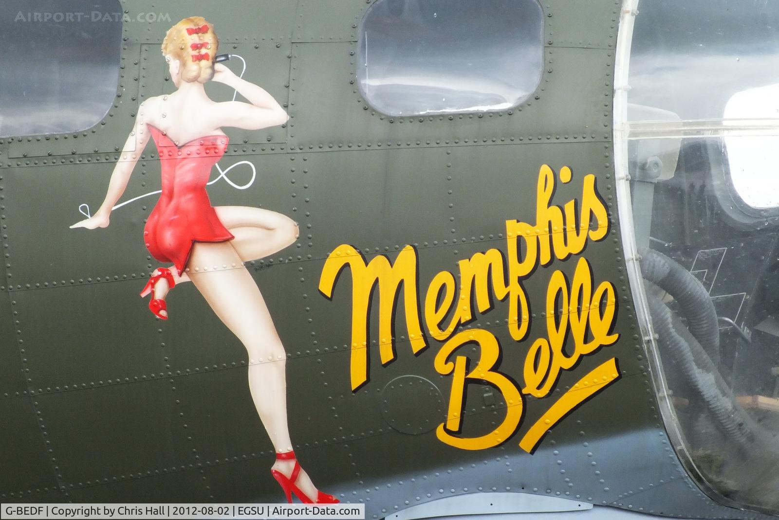 G-BEDF, 1944 Boeing B-17G Flying Fortress C/N 8693, Memphis Belle nose art on the starboard side