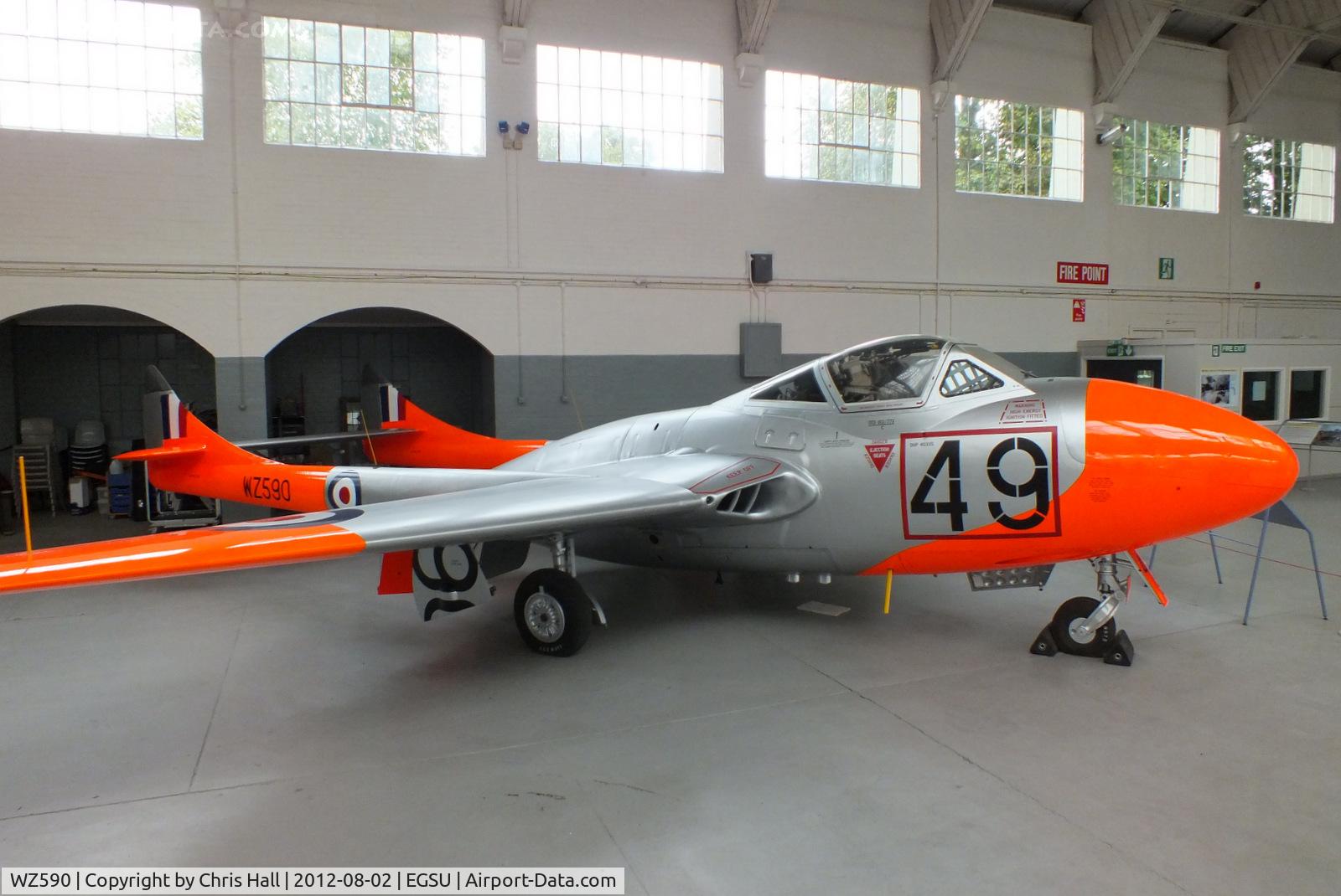 WZ590, 1953 De Havilland DH-115 Vampire T.11 C/N 15165, Built at Hawarden (my local airfield) in 1952, it served with 228 OCU, 5 FTS and 8 FTS. Acquired by IWM Duxford in 1973. Underwent a 4 year restoration and was rolled out in March 2012