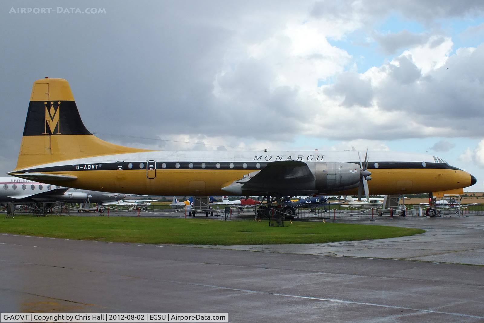 G-AOVT, 1958 Bristol 175 Britannia 312 C/N 13427, Entered service with BOAC in 1959, purchased by British Eagle in 1963, bought by the newly-formed Monarch Airlines in May 1969 then leased to Invicta Airlines. Donated to the DAS in 1975