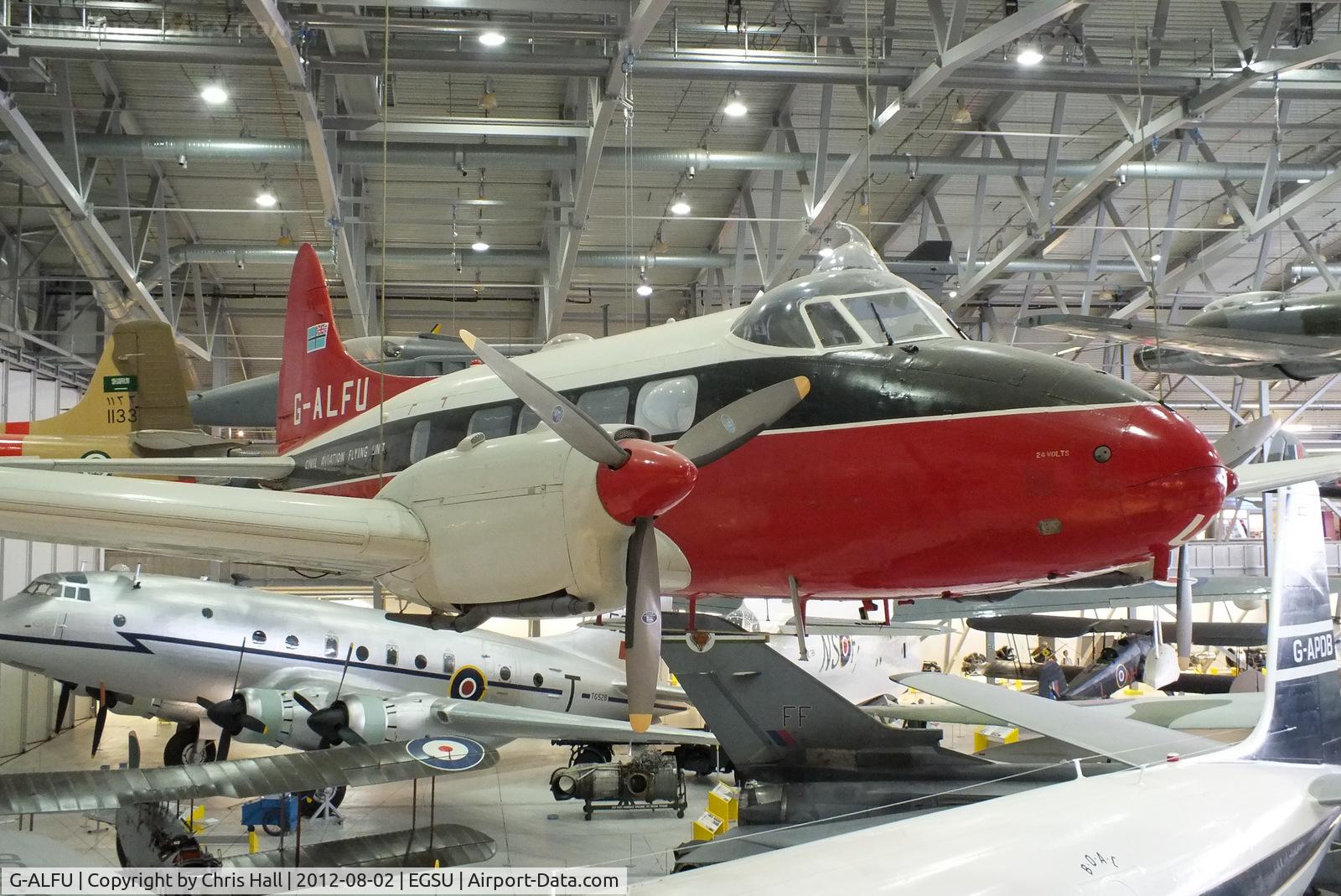 G-ALFU, 1949 De Havilland DH-104 Dove 6 C/N 04234, Former Civil Aviation Flying Unit (CAFU) Dove displayed inside the AirSpace hangar, Duxford