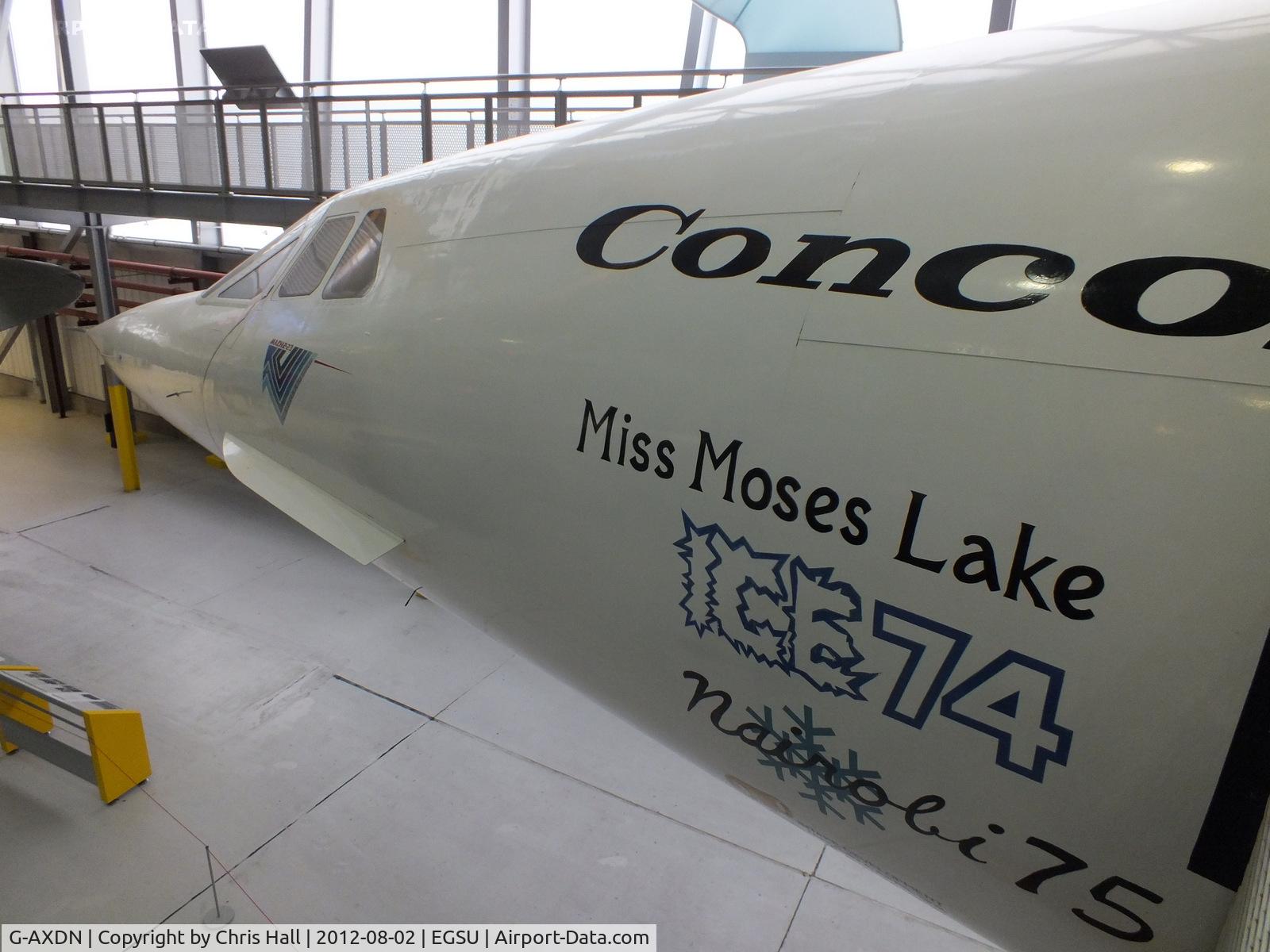 G-AXDN, 1968 Aerospatiale-BAC Concorde Prototype C/N 01/13522, The third of the six aircraft used in the extensive testing program, it was donated to the Duxford Aviation Society and flown to Duxford on August 20th 1977. This shot depicts the Moses Lake logo where it conducted de-icing system tests