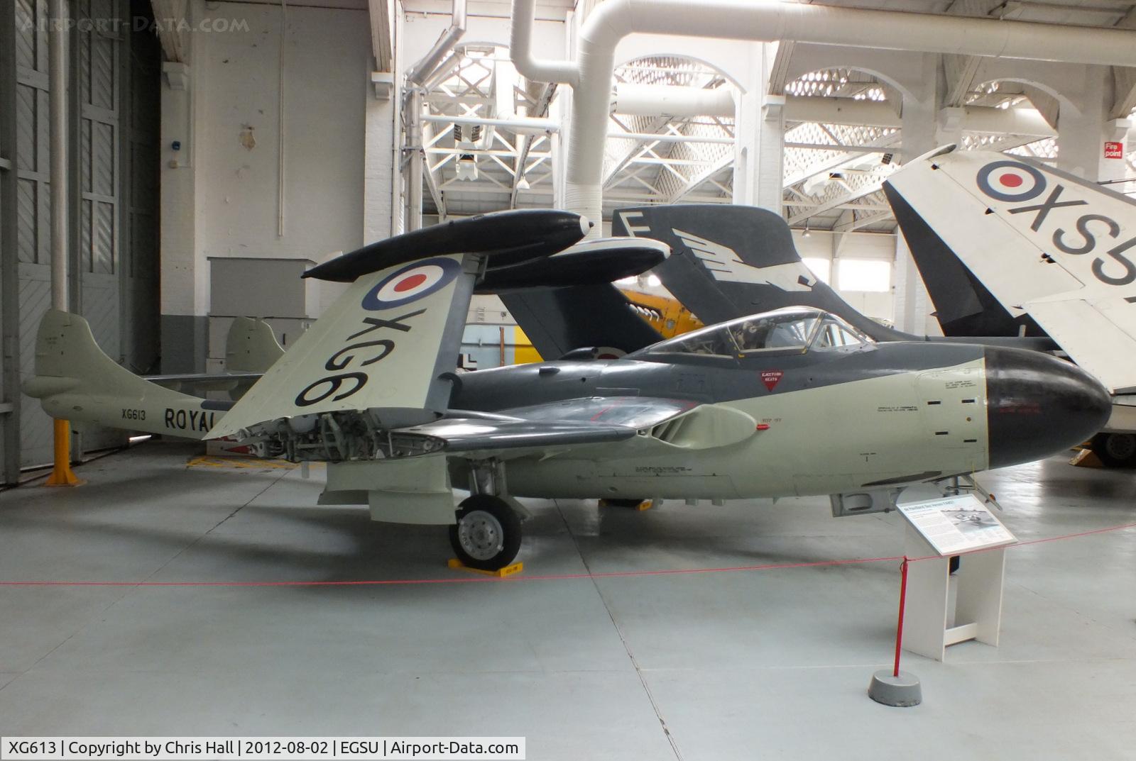 XG613, De Havilland DH-112 Sea Venom FAW.21 C/N 12904, During its operational life it was used by De Havilland factory for testing, served with the A&AEE at Boscombe Down and RAE Bedford. Displayed at Old Warden in 1969 before moving to Duxford in 1971