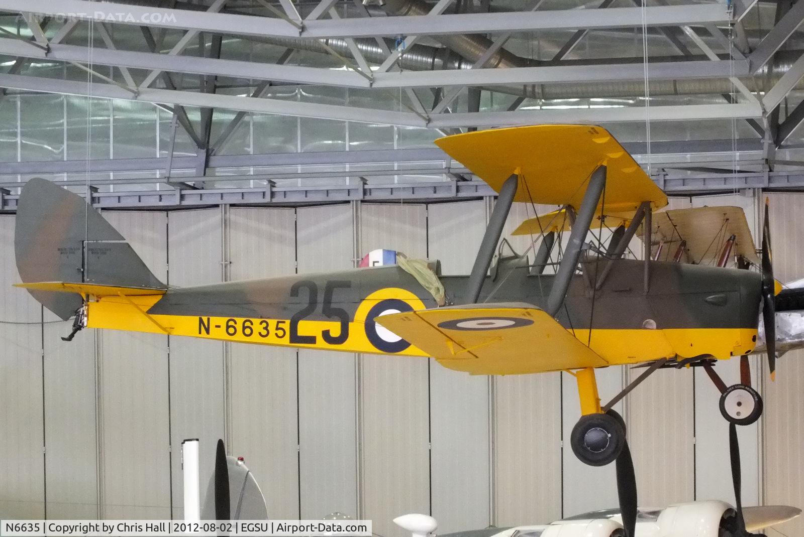 N6635, De Havilland DH-82A Tiger Moth II C/N 85858 (3939?), Hanging from the ceiling of the AirSpace hangar at the Imperial War Museum, Composite airframe rebuild built using the wings from G-APAP. Painted to represent 22 EFTS Cambridge and wearing the false registration N6635.