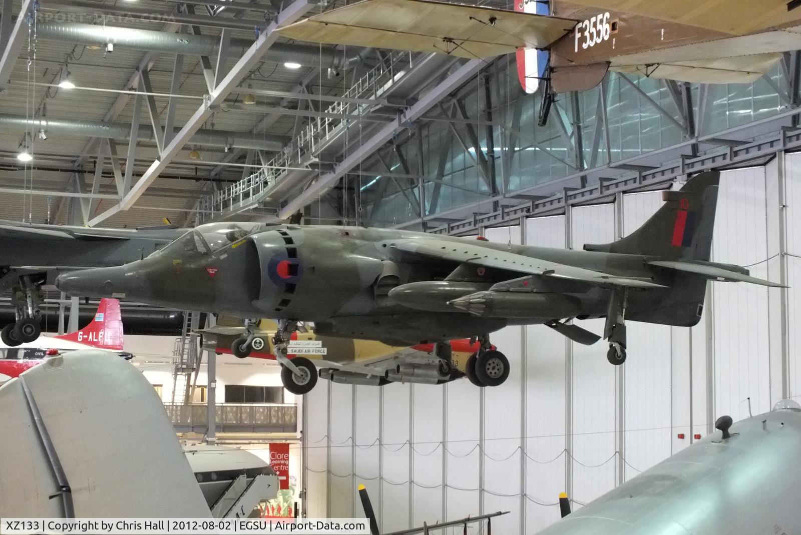 XZ133, 1976 Hawker Siddeley Harrier GR.3 C/N 712192, former Falklands war veretan suspended from the ceiling in the AirSpace hanger, IWM Duxford