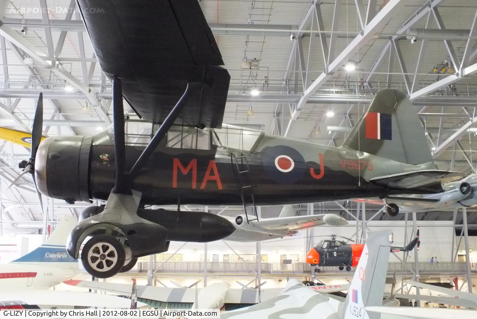 G-LIZY, 1940 Westland Lysander IIIA C/N 504/39, displayed inside the AirSpace hangar, Duxford
