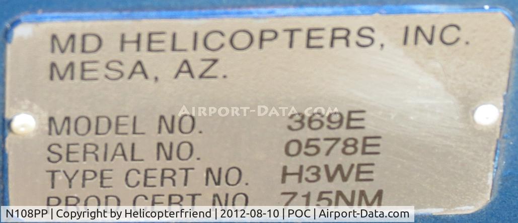 N108PP, 2008 MD Helicopters 369E C/N 0578E, Id plate