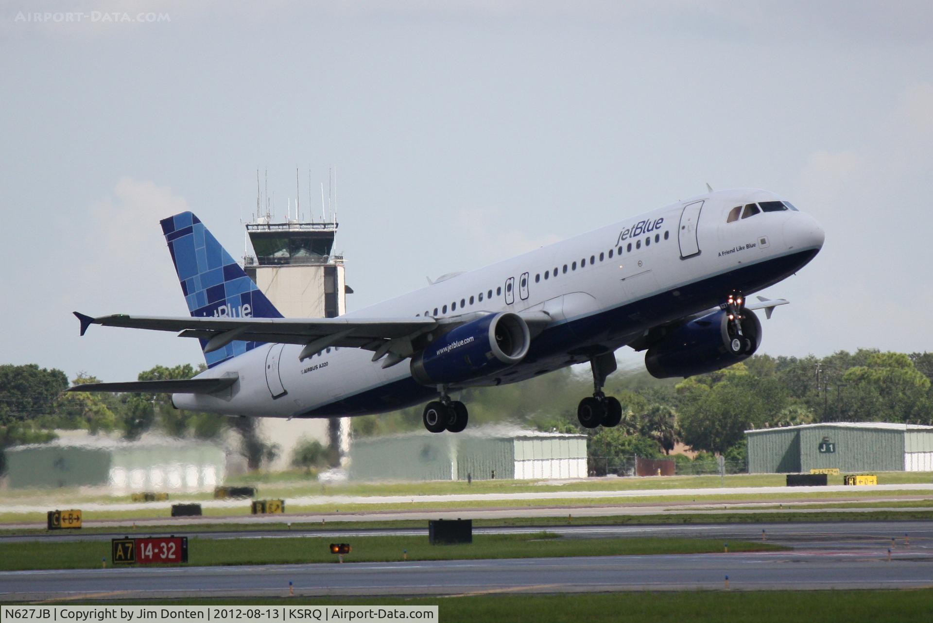 N627JB, 2005 Airbus A320-232 C/N 2577, JetBlue Flight 346 departs Sarasota-Bradenton International Airport enroute to John F Kennedy International Airport