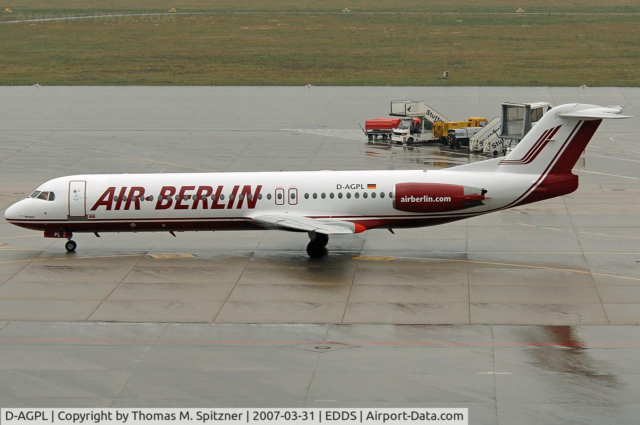 D-AGPL, 1990 Fokker 100 (F-28-0100) C/N 11314, Germania D-AGPL wetleased to Air Berlin in full AB 
old c/s awaiting it's taxi clearance at STR. My apologies for the poor weather conditions. Aircraft today is still in service as VH-XWS with Alliance Airlines.