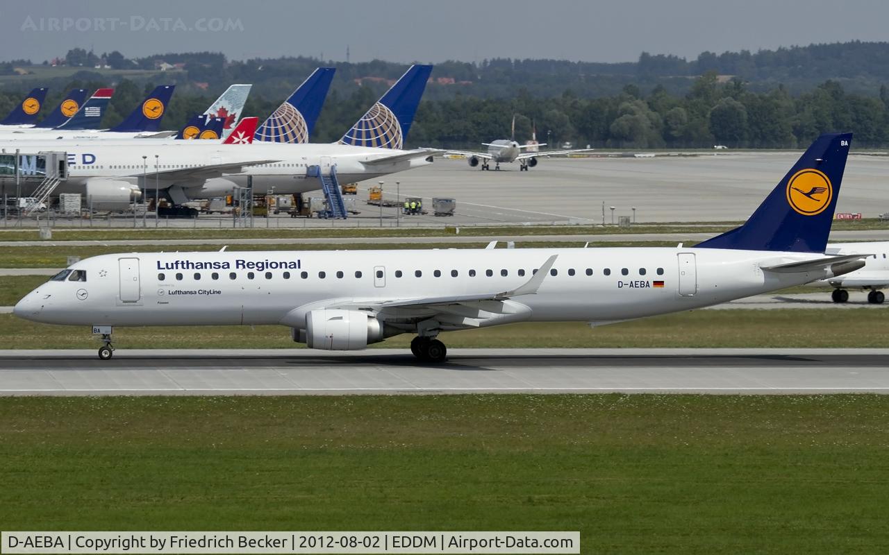 D-AEBA, 2009 Embraer 195LR (ERJ-190-200LR) C/N 19000314, departure from Munich