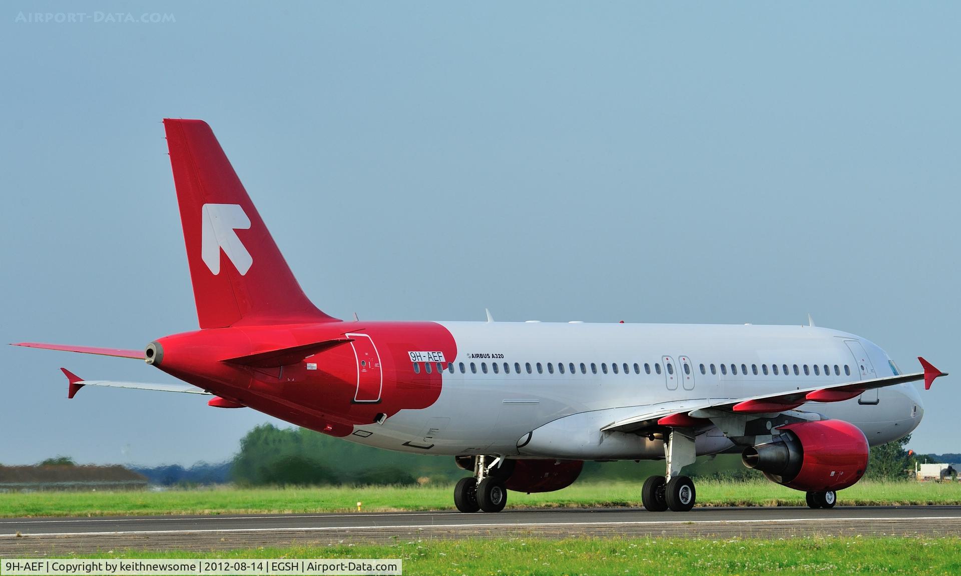 9H-AEF, 2003 Airbus A320-214 C/N 2142, Arriving at Norwich on Air Malta flight still showing most of OLT colour scheme.