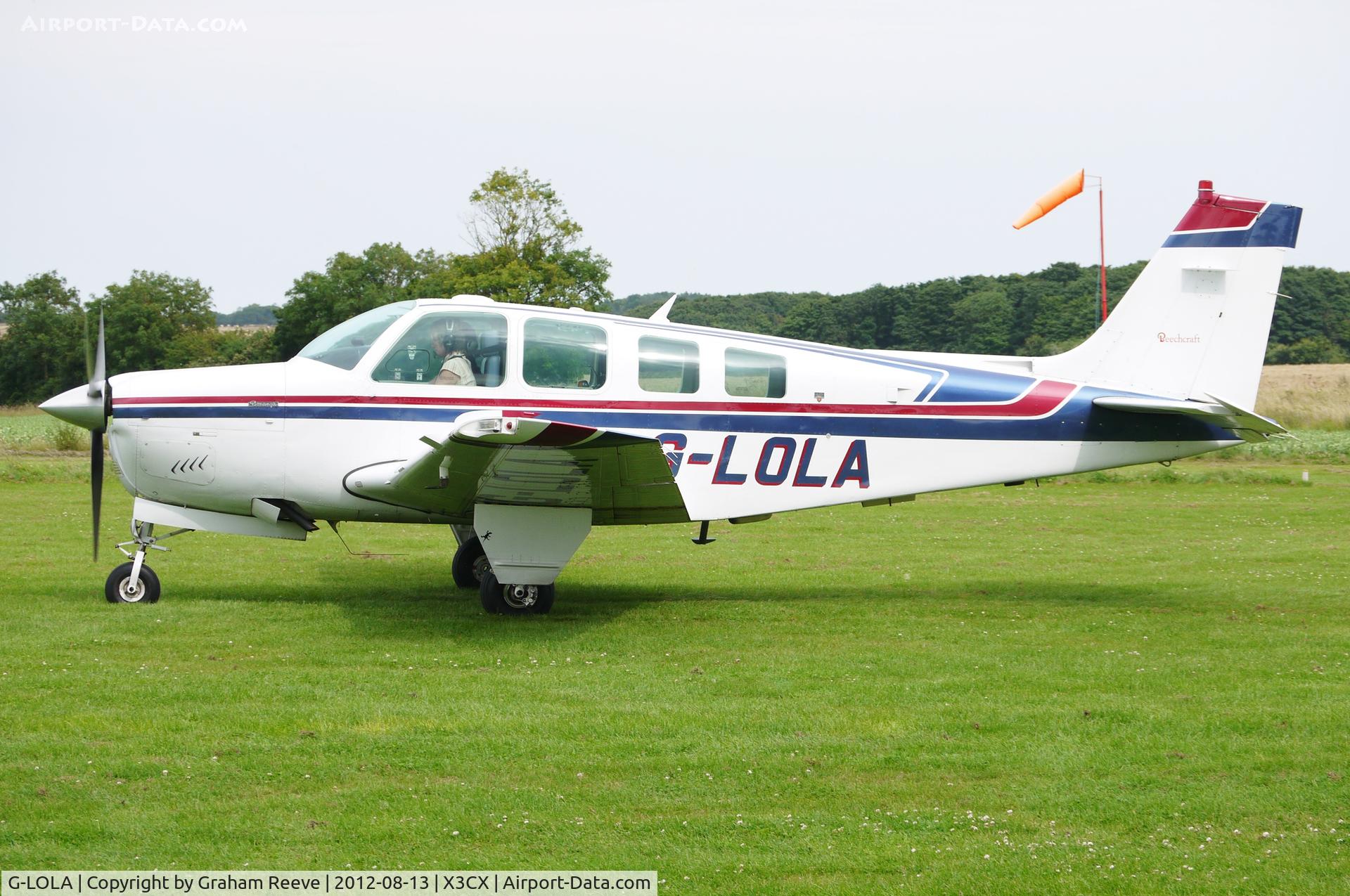 G-LOLA, 1984 Beech A36 Bonanza 36 C/N E-2116, About to depart.