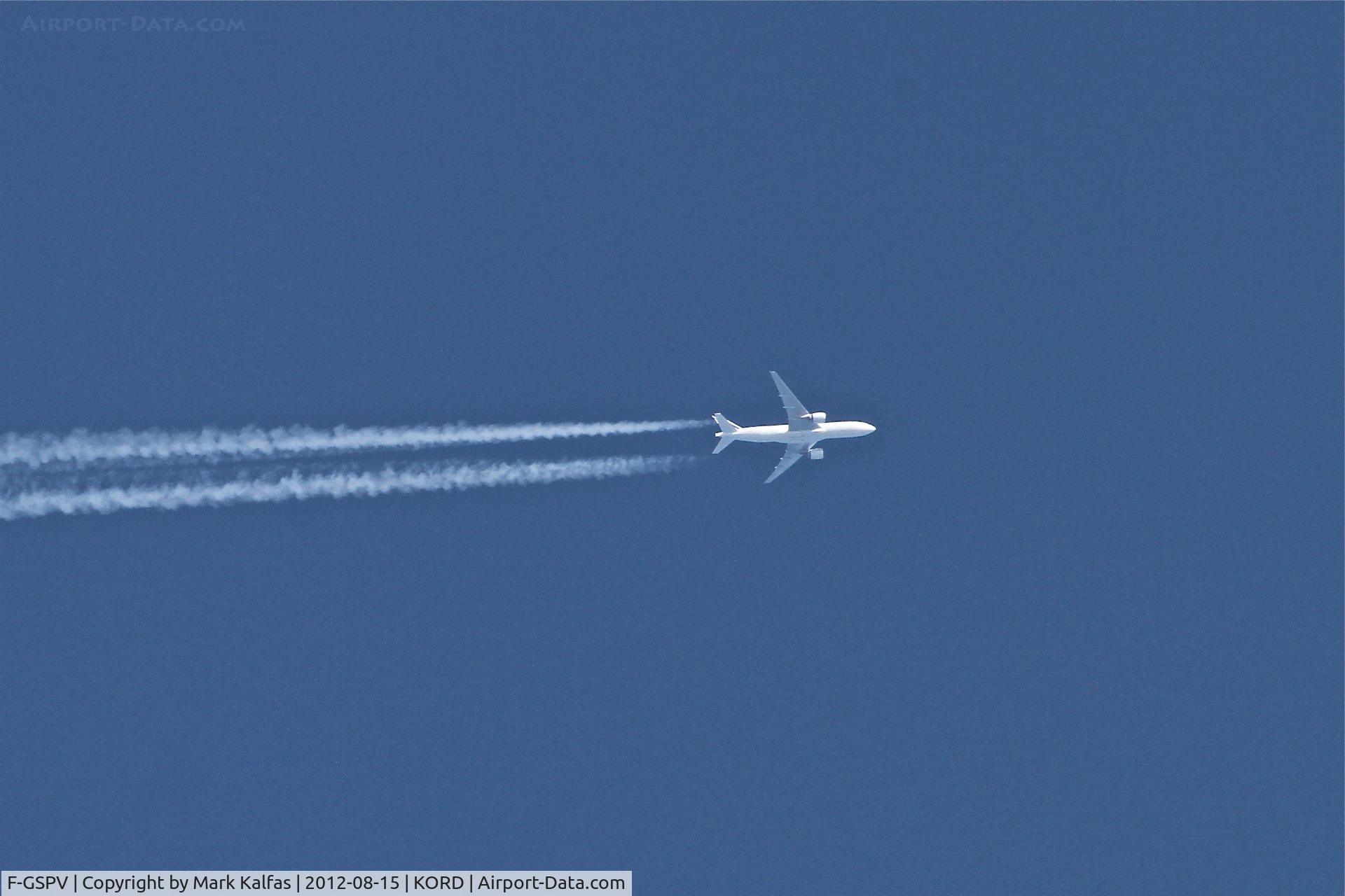 F-GSPV, 2002 Boeing 777-228/ER C/N 28684, Air France Boeing 777-228, AFR434 flying over Chicago's O'Hare/KORD at FL 380 enroute to Mexico City /MMMX from Paris/LFPG.