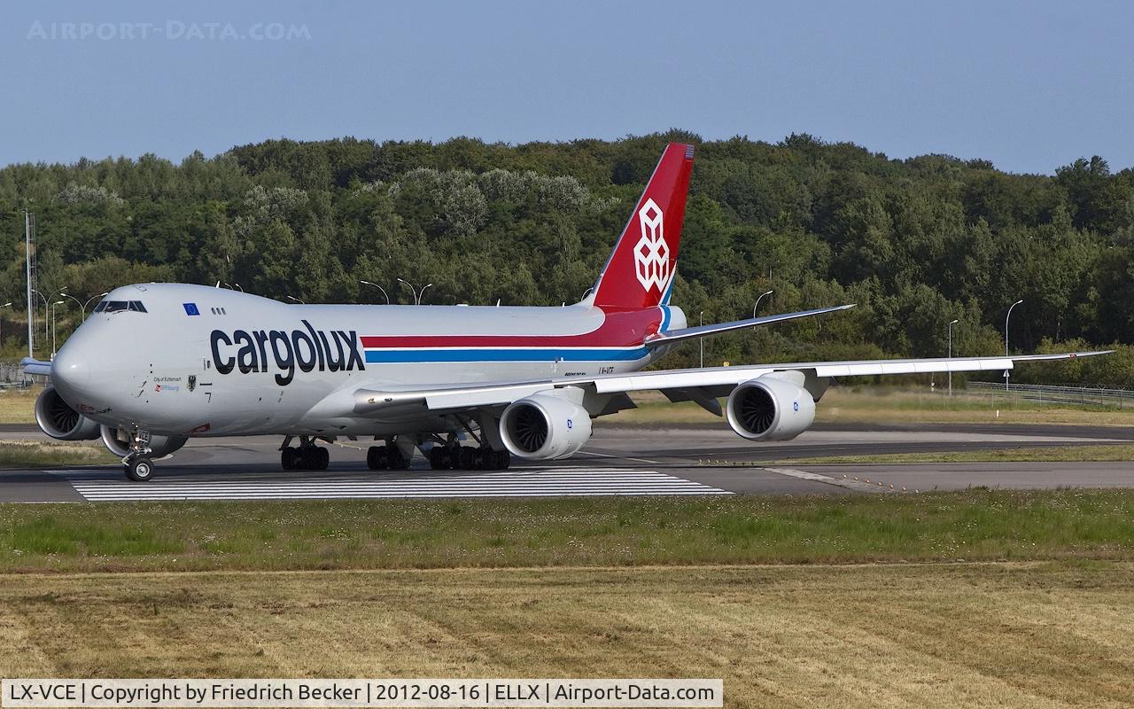LX-VCE, 2012 Boeing 747-8R7F C/N 35810, line up for departure via RW24