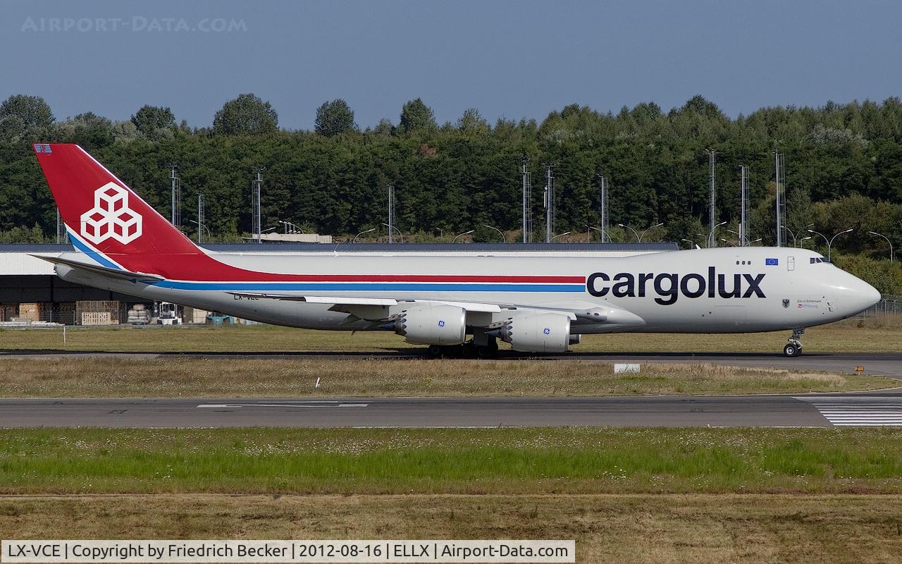 LX-VCE, 2012 Boeing 747-8R7F C/N 35810, taxying to the active