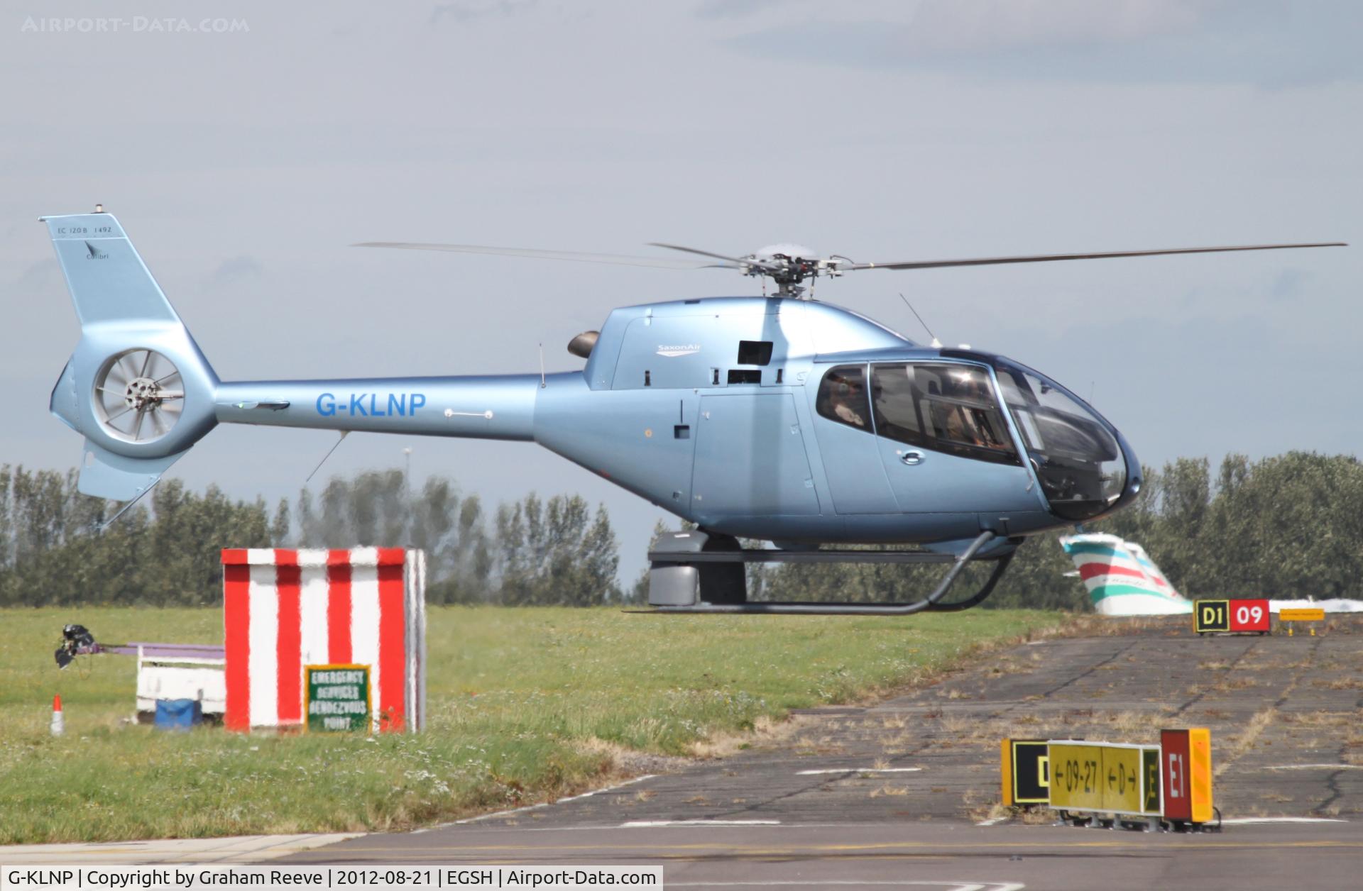 G-KLNP, 2007 Eurocopter EC-120B Colibri C/N 1492, Departing from Norwich.