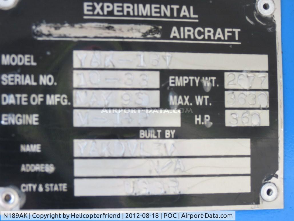 N189AK, 1993 Yakovlev Yak-18T C/N 10-33, Identification plate