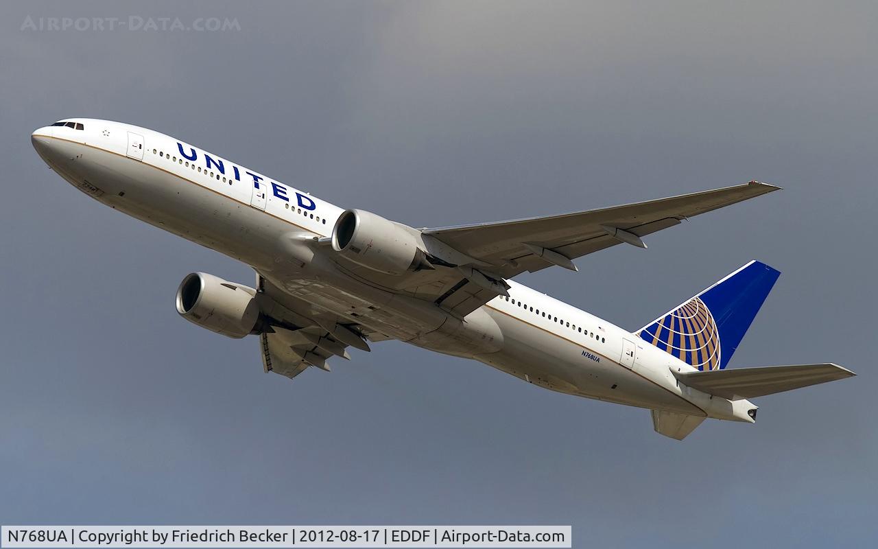 N768UA, 1995 Boeing 777-222 C/N 26919, departure from Frankfurt