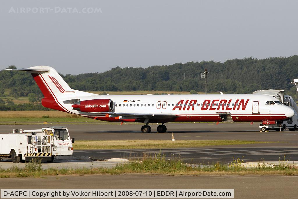 D-AGPC, 1989 Fokker 100 (F-28-0100) C/N 11280, at scn in old Air Berlin colours