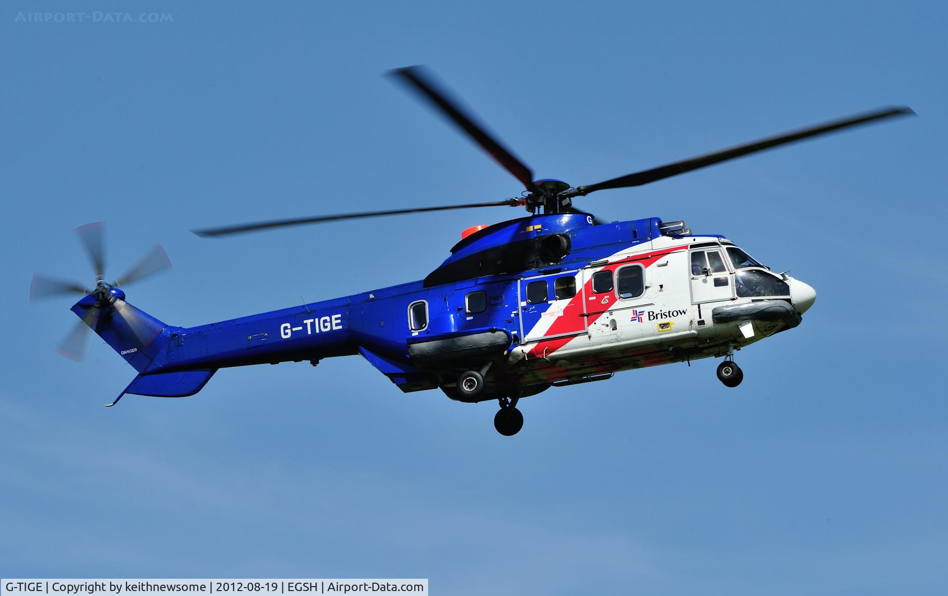 G-TIGE, 1982 Aerospatiale AS-332L Super Puma C/N 2028, Landing onto 09 in sunshine !!