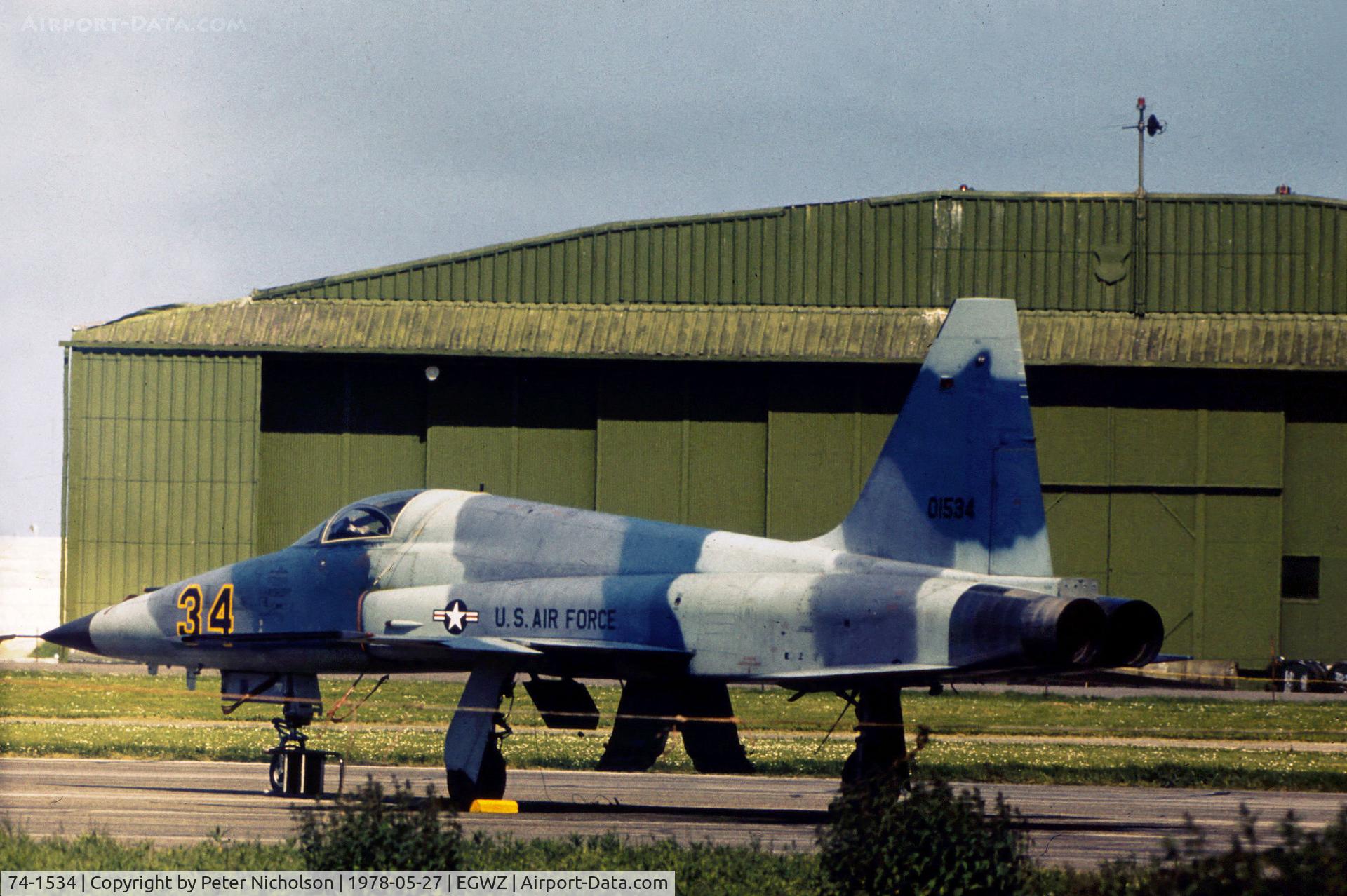 74-1534, 1974 Northrop F-5E Tiger II C/N R.1192, F-5E Tiger II of the 527th Tactical Fighter Training and Aggressor Squadron at RAF Alcoinbury in May 1978.