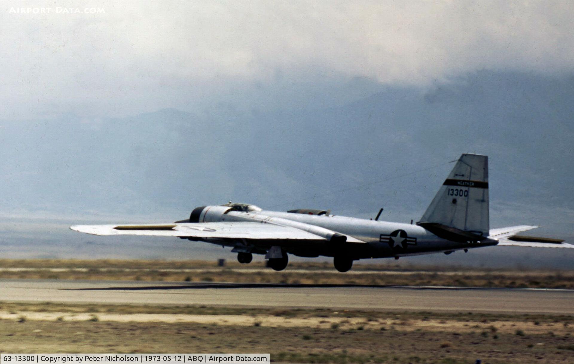 63-13300, 1963 Martin WB-57F Canberra C/N Not found 63-13300, WB-57F of the 58th Weather Research Squadron at Kirtland AFB landing at Albuquerque in May 1973.