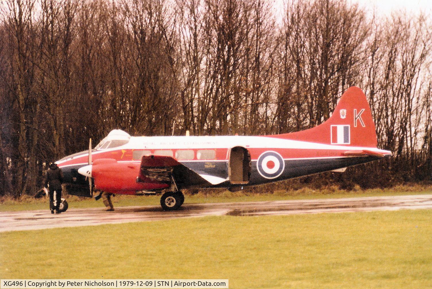 XG496, 1953 De Havilland DH-104 Devon C.2 C/N 04435, The Royal Aircraft Establishment's Devon C.2 as seen at Stansted in December 1979.